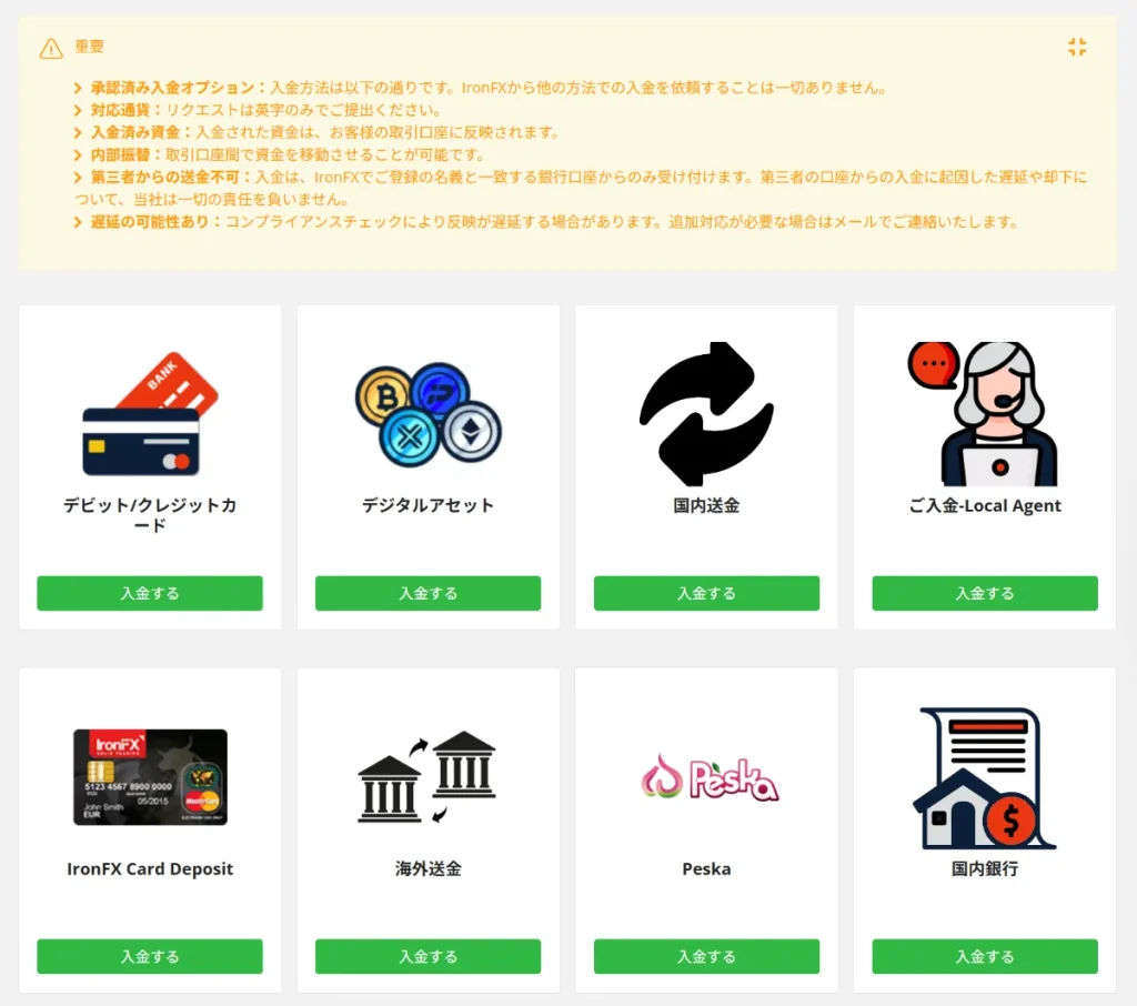 IronFXの口座開設後に入金する